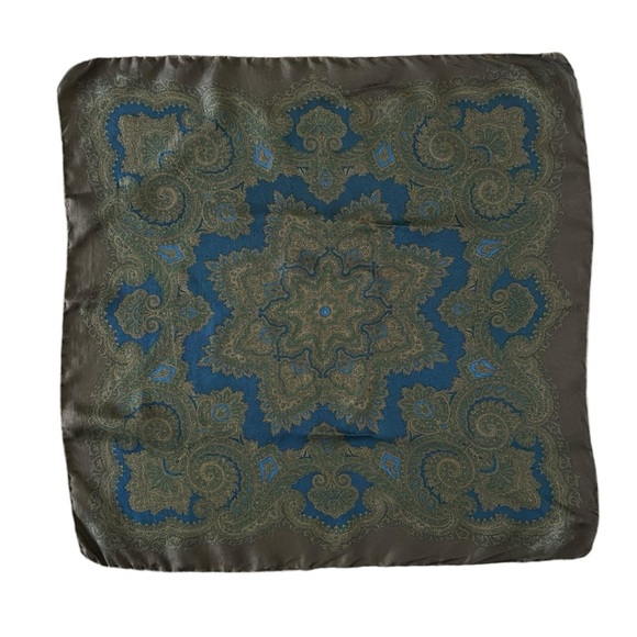 Brown Blue 100% Silk Small Neck Scarf Hand Rolled Hem Made in Italy - Picture 1 of 13